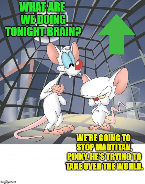 Pinky and the brain | WHAT ARE WE DOING TONIGHT BRAIN? WE'RE GOING TO STOP MADTITAN, PINKY. HE'S TRYING TO TAKE OVER THE WORLD. | image tagged in pinky and the brain | made w/ Imgflip meme maker