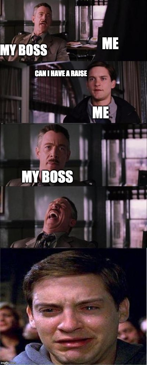 Peter Parker Cry Meme | ME; MY BOSS; CAN I HAVE A RAISE; ME; MY BOSS | image tagged in memes,peter parker cry | made w/ Imgflip meme maker