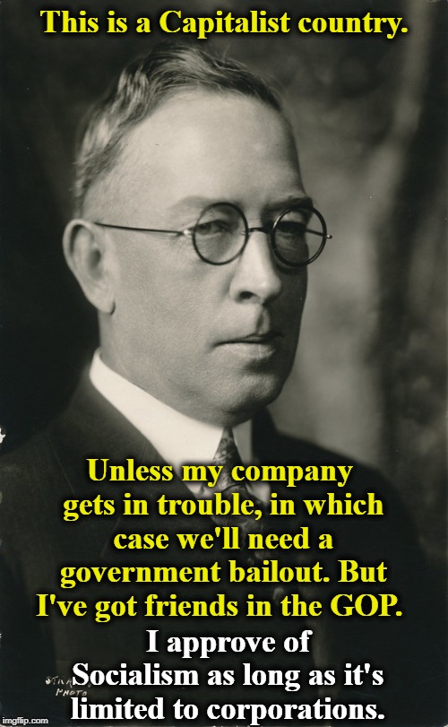 This is a Capitalist country. Unless my company gets in trouble, in which case we'll need a government bailout. But I've got friends in the GOP. I approve of Socialism as long as it's limited to corporations. | image tagged in capitalism,socialism,bailout,handout,government | made w/ Imgflip meme maker