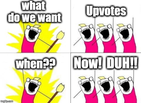 What Do We Want | what do we want; Upvotes; Now!  DUH!! when?? | image tagged in memes,what do we want | made w/ Imgflip meme maker