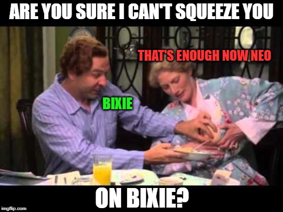 ARE YOU SURE I CAN'T SQUEEZE YOU ON BIXIE? THAT'S ENOUGH NOW NEO BIXIE | made w/ Imgflip meme maker