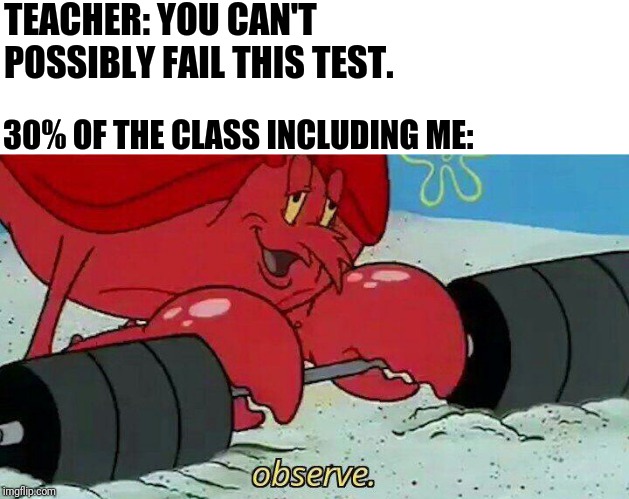 Observe | TEACHER: YOU CAN'T POSSIBLY FAIL THIS TEST. 30% OF THE CLASS INCLUDING ME: | image tagged in observe,school,teacher,memes | made w/ Imgflip meme maker