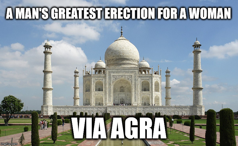 A MAN'S GREATEST ERECTION FOR A WOMAN; VIA AGRA | image tagged in viagra,taj mahal,romantic,love,relationships,history | made w/ Imgflip meme maker