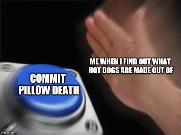 Blank Nut Button | ME WHEN I FIND OUT WHAT HOT DOGS ARE MADE OUT OF; COMMIT PILLOW DEATH | image tagged in memes,blank nut button | made w/ Imgflip meme maker