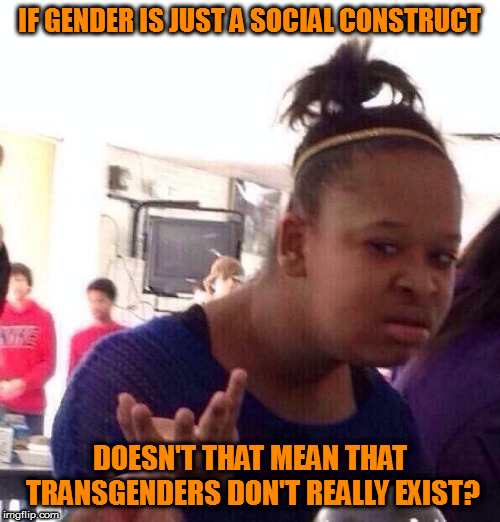 I identify as a Social Constructicon! | IF GENDER IS JUST A SOCIAL CONSTRUCT; DOESN'T THAT MEAN THAT TRANSGENDERS DON'T REALLY EXIST? | image tagged in memes,black girl wat,transgender politics | made w/ Imgflip meme maker