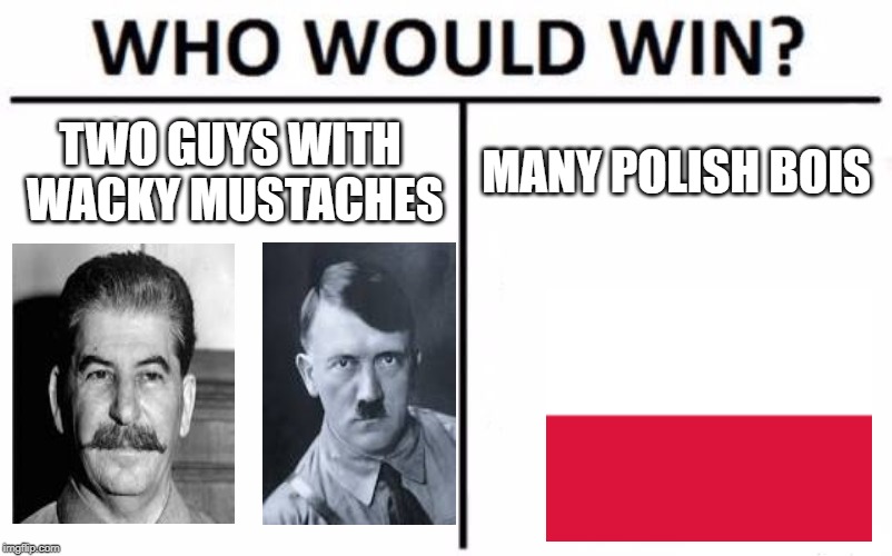 Who Would Win? | TWO GUYS WITH WACKY MUSTACHES; MANY POLISH BOIS | image tagged in memes,who would win | made w/ Imgflip meme maker