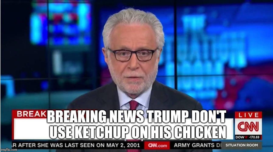 CNN "Wolf of Fake News" Fanfiction |  BREAKING NEWS TRUMP DON'T USE KETCHUP ON HIS CHICKEN | image tagged in cnn wolf of fake news fanfiction | made w/ Imgflip meme maker