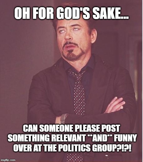 Face You Make Robert Downey Jr Meme | OH FOR GOD'S SAKE... CAN SOMEONE PLEASE POST SOMETHING RELEVANT **AND** FUNNY OVER AT THE POLITICS GROUP?!?! | image tagged in memes,face you make robert downey jr | made w/ Imgflip meme maker