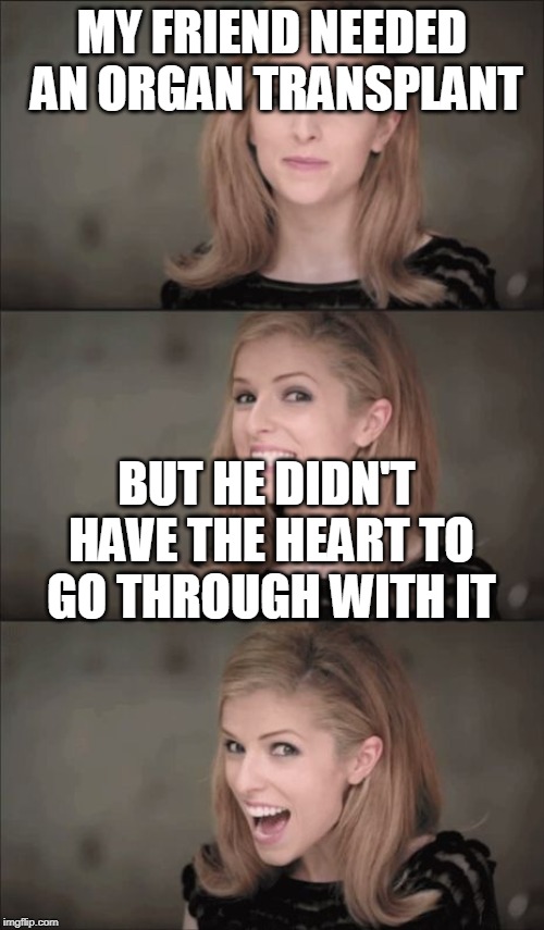 He also died | MY FRIEND NEEDED AN ORGAN TRANSPLANT; BUT HE DIDN'T HAVE THE HEART TO GO THROUGH WITH IT | image tagged in memes,bad pun anna kendrick,didn't have the heart,haha puns,organ transplant | made w/ Imgflip meme maker
