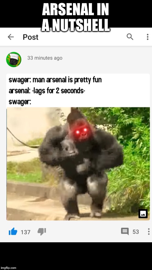 Gorilla rages | ARSENAL IN A NUTSHELL | image tagged in gorilla rages | made w/ Imgflip meme maker