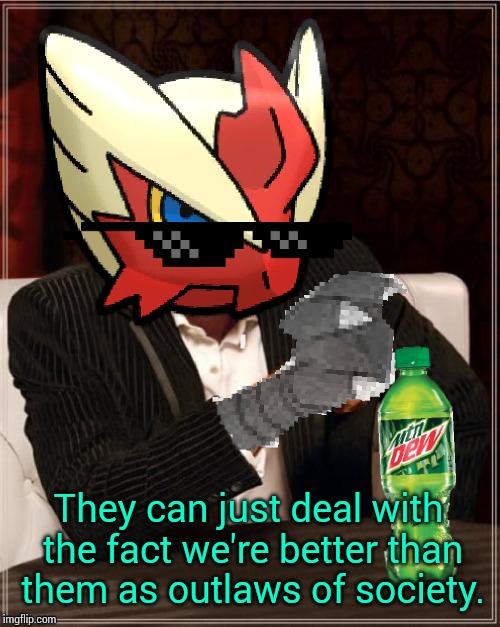 Most Interesting Blaziken in Hoenn | They can just deal with the fact we're better than them as outlaws of society. | image tagged in most interesting blaziken in hoenn | made w/ Imgflip meme maker