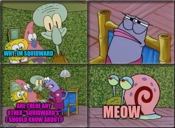 he's squidward | WHY, IM SQUIDWARD ARE THERE ANY OTHER "SQUIDWARD'S" I SHOULD KNOW ABOUT? MEOW | image tagged in he's squidward | made w/ Imgflip meme maker