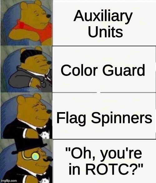 Guard/Band meme | Auxiliary Units; Color Guard; Flag Spinners; "Oh, you're in ROTC?" | image tagged in tuxedo winnie the pooh 4 panel,band | made w/ Imgflip meme maker