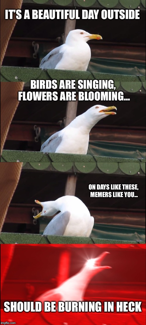 Inhaling Seagull | IT’S A BEAUTIFUL DAY OUTSIDE; BIRDS ARE SINGING, FLOWERS ARE BLOOMING... ON DAYS LIKE THESE, MEMERS LIKE YOU... SHOULD BE BURNING IN HECK | image tagged in memes,inhaling seagull | made w/ Imgflip meme maker