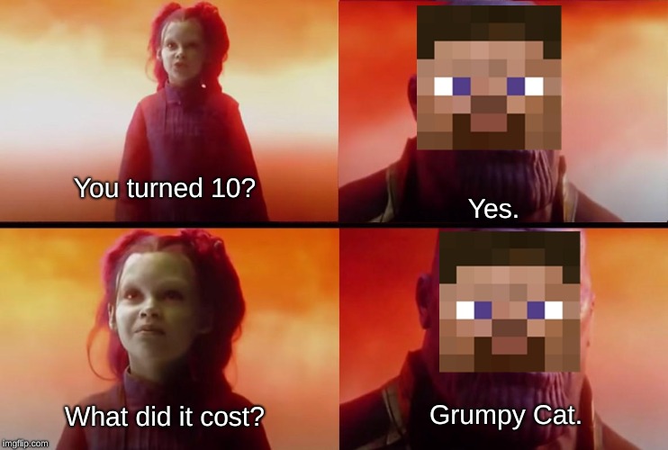 R.I.P Grumpy Cat. Rest in Pessimism. | You turned 10? Yes. Grumpy Cat. What did it cost? | image tagged in thanos what did it cost,minecraft,grumpy cat,rip | made w/ Imgflip meme maker