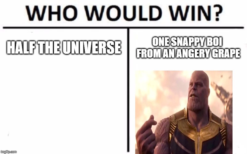 Who Would Win? Meme | HALF THE UNIVERSE; ONE SNAPPY BOI FROM AN ANGERY GRAPE | image tagged in memes,who would win | made w/ Imgflip meme maker