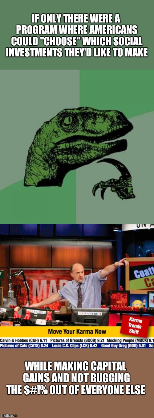 IF ONLY THERE WERE A PROGRAM WHERE AMERICANS COULD "CHOOSE" WHICH SOCIAL INVESTMENTS THEY'D LIKE TO MAKE; WHILE MAKING CAPITAL GAINS AND NOT BUGGING THE $#!% OUT OF EVERYONE ELSE | image tagged in memes,philosoraptor,stock guy | made w/ Imgflip meme maker