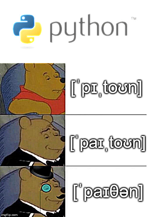 Common pronuntiation errors Spanish programmers make |  [ˈpɪˌtoʊn]; [ˈpaɪˌtoʊn]; [ˈpaɪθən] | image tagged in tuxedo winnie the pooh 3 panel,python,programmers,programming | made w/ Imgflip meme maker