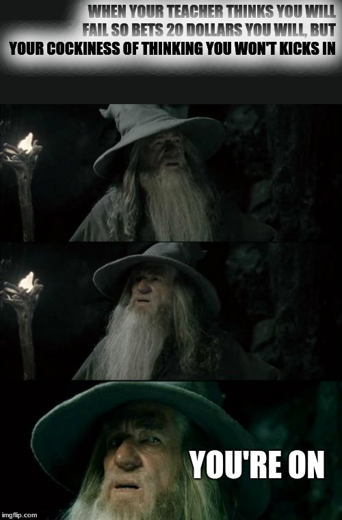 Confused Gandalf | WHEN YOUR TEACHER THINKS YOU WILL FAIL SO BETS 20 DOLLARS YOU WILL, BUT YOUR COCKINESS OF THINKING YOU WON'T KICKS IN; YOU'RE ON | image tagged in memes,confused gandalf | made w/ Imgflip meme maker