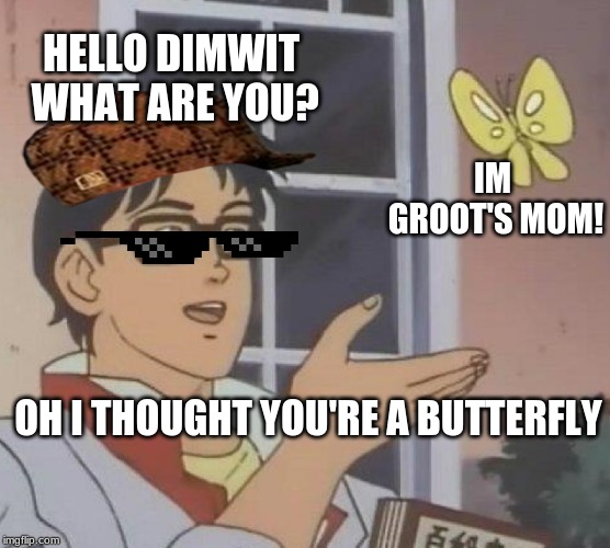 Is This A Pigeon | HELLO DIMWIT WHAT ARE YOU? IM GROOT'S MOM! OH I THOUGHT YOU'RE A BUTTERFLY | image tagged in memes,is this a pigeon | made w/ Imgflip meme maker
