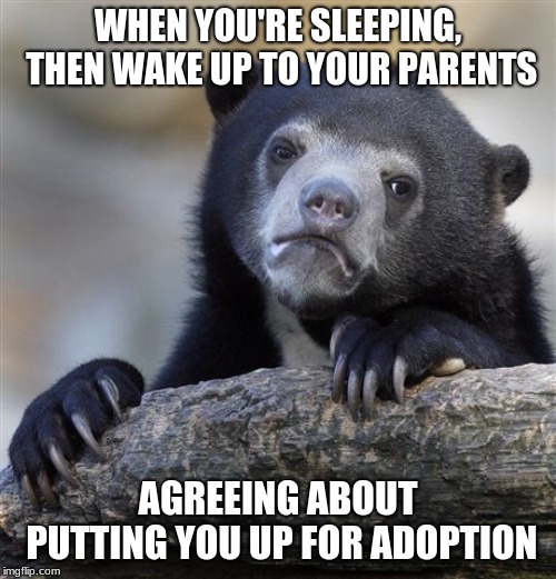 Confession Bear Meme | WHEN YOU'RE SLEEPING, THEN WAKE UP TO YOUR PARENTS; AGREEING ABOUT PUTTING YOU UP FOR ADOPTION | image tagged in memes,confession bear | made w/ Imgflip meme maker