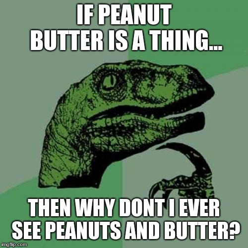 Philosoraptor | IF PEANUT BUTTER IS A THING... THEN WHY DONT I EVER SEE PEANUTS AND BUTTER? | image tagged in memes,philosoraptor | made w/ Imgflip meme maker
