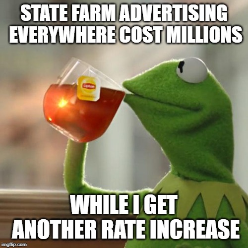 But That's None Of My Business Meme | STATE FARM ADVERTISING EVERYWHERE COST MILLIONS WHILE I GET ANOTHER RATE INCREASE | image tagged in memes,but thats none of my business,kermit the frog | made w/ Imgflip meme maker