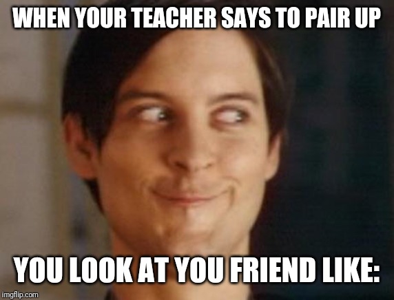 Spiderman Peter Parker | WHEN YOUR TEACHER SAYS TO PAIR UP; YOU LOOK AT YOU FRIEND LIKE: | image tagged in memes,spiderman peter parker | made w/ Imgflip meme maker