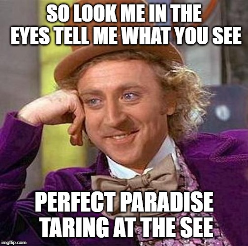 Creepy Condescending Wonka | SO LOOK ME IN THE EYES TELL ME WHAT YOU SEE; PERFECT PARADISE TARING AT THE SEE | image tagged in memes,creepy condescending wonka | made w/ Imgflip meme maker