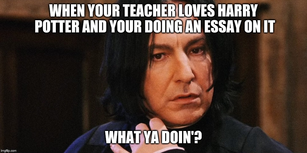 Sape Seeing A Harry Potter Essay | WHEN YOUR TEACHER LOVES HARRY POTTER AND YOUR DOING AN ESSAY ON IT; WHAT YA DOIN'? | image tagged in harry potter,snape,essays,funny,funny memes | made w/ Imgflip meme maker