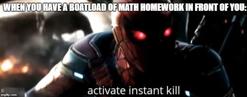 Instant kill | WHEN YOU HAVE A BOATLOAD OF MATH HOMEWORK IN FRONT OF YOU: | image tagged in instant kill | made w/ Imgflip meme maker