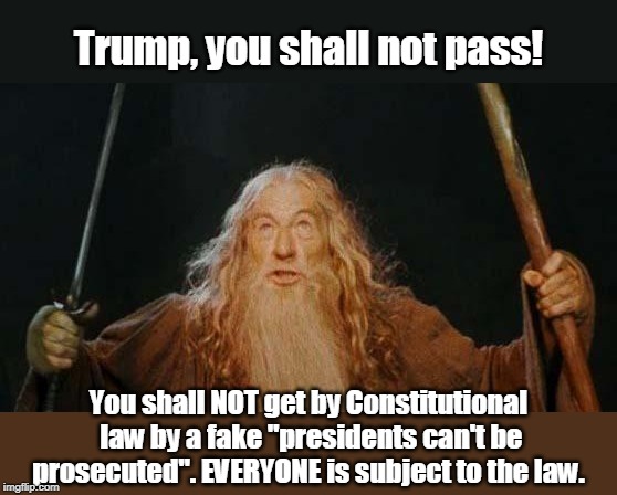 Even presidents have to obey the law | Trump, you shall not pass! You shall NOT get by Constitutional law by a fake "presidents can't be prosecuted". EVERYONE is subject to the law. | image tagged in trump is guilty of obstruction,impeach barr,fire trump,lock them up,barr is wrong and covering up for trump,i would rather have  | made w/ Imgflip meme maker