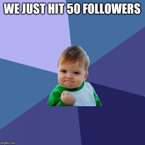 Success Kid | WE JUST HIT 50 FOLLOWERS | image tagged in memes,success kid | made w/ Imgflip meme maker