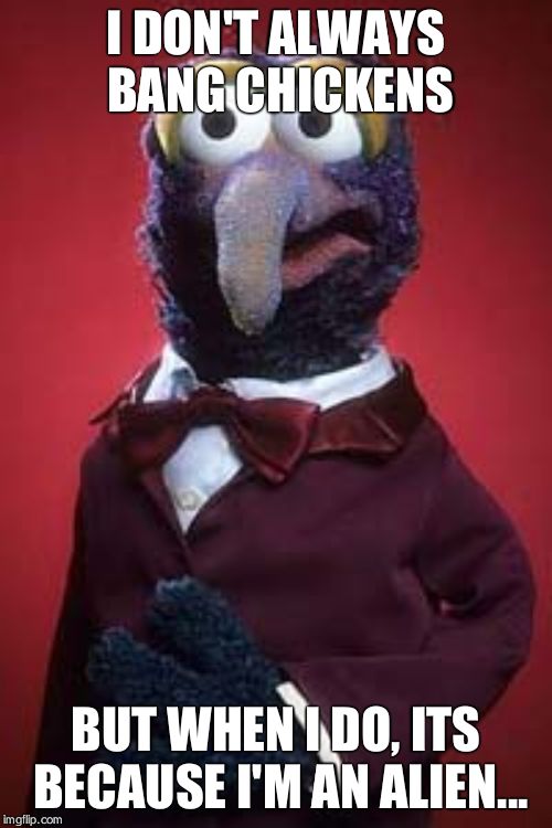 gonzo |  I DON'T ALWAYS BANG CHICKENS; BUT WHEN I DO, ITS BECAUSE I'M AN ALIEN... | image tagged in gonzo | made w/ Imgflip meme maker