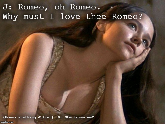 romeo and juliet balcony |  J: Romeo, oh Romeo. Why must I love thee Romeo? (Romeo stalking Juliet) 
R: She loves me? | image tagged in romeo and juliet balcony | made w/ Imgflip meme maker