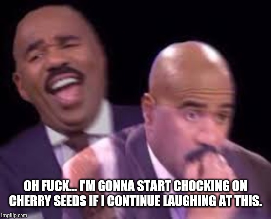 Steve Harvy | OH F**K... I'M GONNA START CHOCKING ON CHERRY SEEDS IF I CONTINUE LAUGHING AT THIS. | image tagged in steve harvy | made w/ Imgflip meme maker