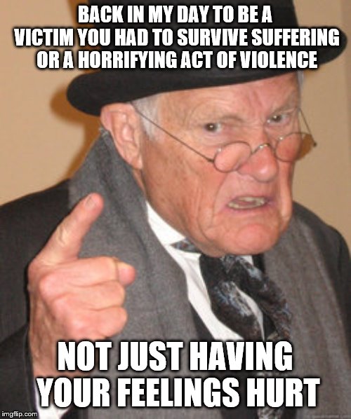 Back In My Day Meme | BACK IN MY DAY TO BE A VICTIM YOU HAD TO SURVIVE SUFFERING OR A HORRIFYING ACT OF VIOLENCE; NOT JUST HAVING YOUR FEELINGS HURT | image tagged in memes,back in my day | made w/ Imgflip meme maker