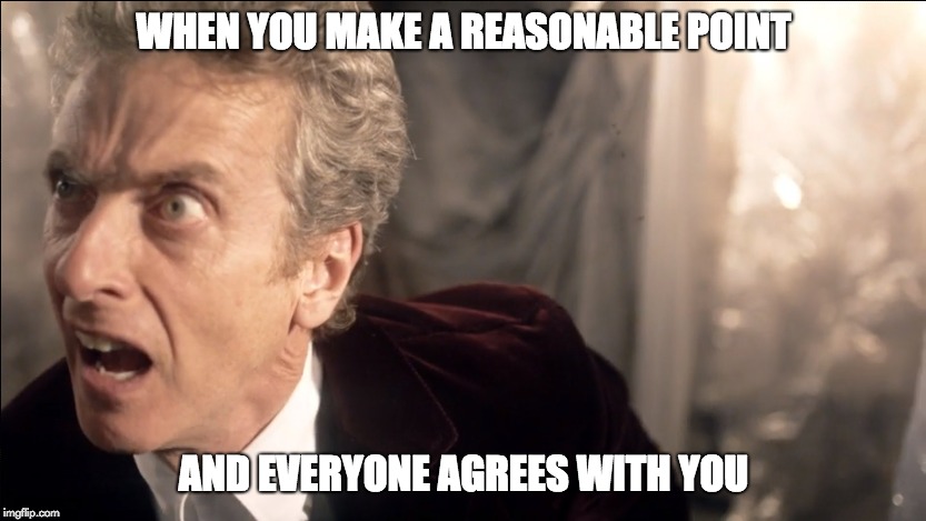 When you make a reasonable point | WHEN YOU MAKE A REASONABLE POINT; AND EVERYONE AGREES WITH YOU | image tagged in doctor who | made w/ Imgflip meme maker