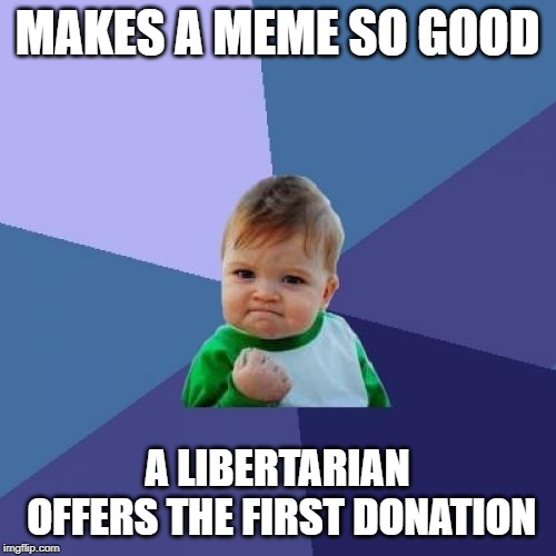 Success Kid Meme | MAKES A MEME SO GOOD A LIBERTARIAN OFFERS THE FIRST DONATION | image tagged in memes,success kid | made w/ Imgflip meme maker