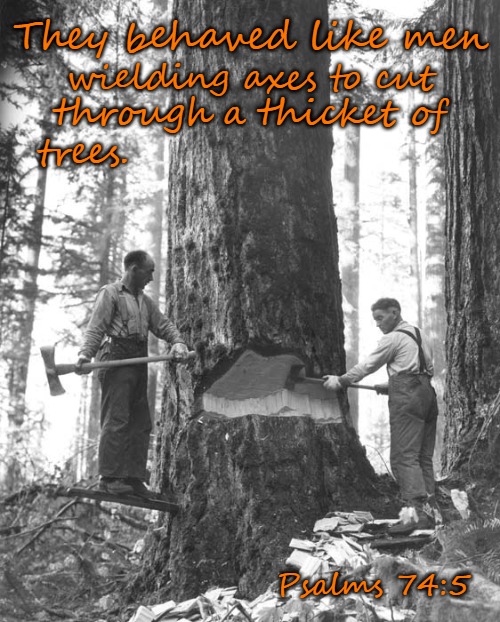 Psalms 74:5 They Behaved Like Men Wielding Axes | They behaved like men; wielding axes to cut; through a thicket of; trees. Psalms 74:5 | image tagged in bible,bible verse,verse,holy bible,holy spirit,god | made w/ Imgflip meme maker