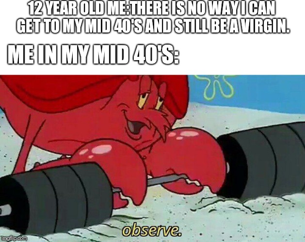 Observe |  12 YEAR OLD ME:THERE IS NO WAY I CAN GET TO MY MID 40'S AND STILL BE A VIRGIN. ME IN MY MID 40'S: | image tagged in observe | made w/ Imgflip meme maker