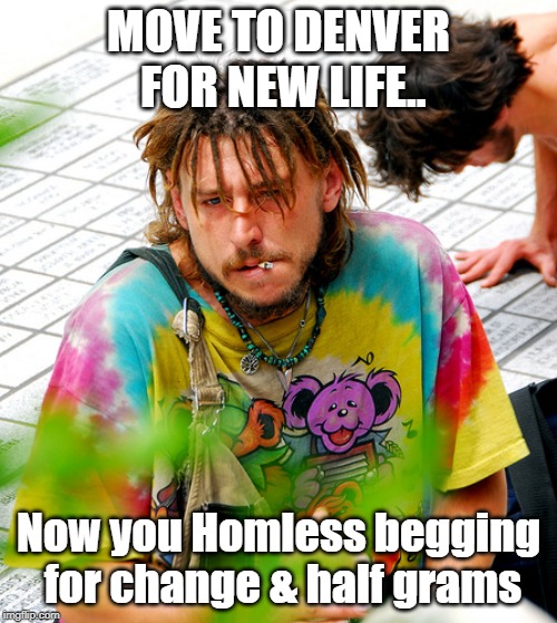 Stoner PhD |  MOVE TO DENVER FOR NEW LIFE.. Now you Homless begging for change & half grams | image tagged in memes,stoner phd | made w/ Imgflip meme maker