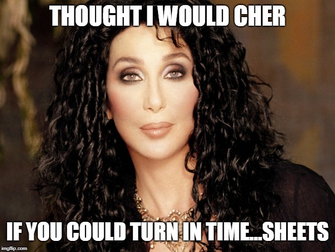 cher | THOUGHT I WOULD CHER; IF YOU COULD TURN IN TIME...SHEETS | image tagged in cher | made w/ Imgflip meme maker