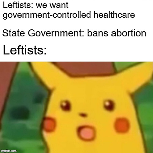 Surprised Pikachu | Leftists: we want government-controlled healthcare; State Government: bans abortion; Leftists: | image tagged in memes,surprised pikachu | made w/ Imgflip meme maker