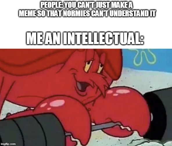Normies won't understand | PEOPLE: YOU CAN'T JUST MAKE A MEME SO THAT NORMIES CAN'T UNDERSTAND IT; ME AN INTELLECTUAL: | image tagged in memes,spongebob | made w/ Imgflip meme maker