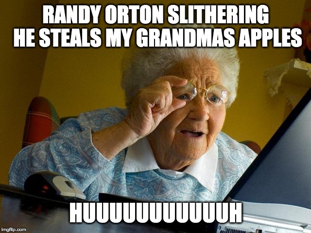 Grandma Finds The Internet | RANDY ORTON SLITHERING HE STEALS MY GRANDMAS APPLES; HUUUUUUUUUUUH | image tagged in memes,grandma finds the internet | made w/ Imgflip meme maker
