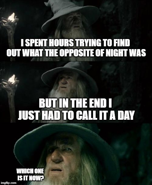 Confused Gandalf | I SPENT HOURS TRYING TO FIND OUT WHAT THE OPPOSITE OF NIGHT WAS; BUT IN THE END I JUST HAD TO CALL IT A DAY; WHICH ONE IS IT NOW? | image tagged in memes,confused gandalf | made w/ Imgflip meme maker