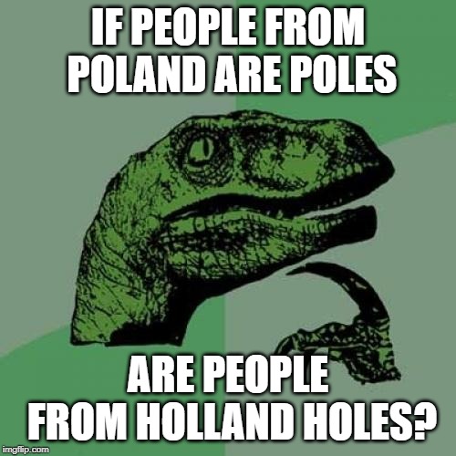 Philosoraptor Meme | IF PEOPLE FROM POLAND ARE POLES; ARE PEOPLE FROM HOLLAND HOLES? | image tagged in memes,philosoraptor | made w/ Imgflip meme maker
