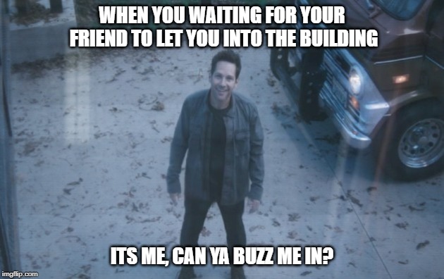 Ant Man (Avengers Endgame) | WHEN YOU WAITING FOR YOUR FRIEND TO LET YOU INTO THE BUILDING; ITS ME, CAN YA BUZZ ME IN? | image tagged in ant man avengers endgame | made w/ Imgflip meme maker