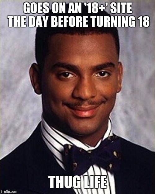 Carlton Banks Thug Life | GOES ON AN '18+' SITE THE DAY BEFORE TURNING 18; THUG LIFE | image tagged in carlton banks thug life | made w/ Imgflip meme maker